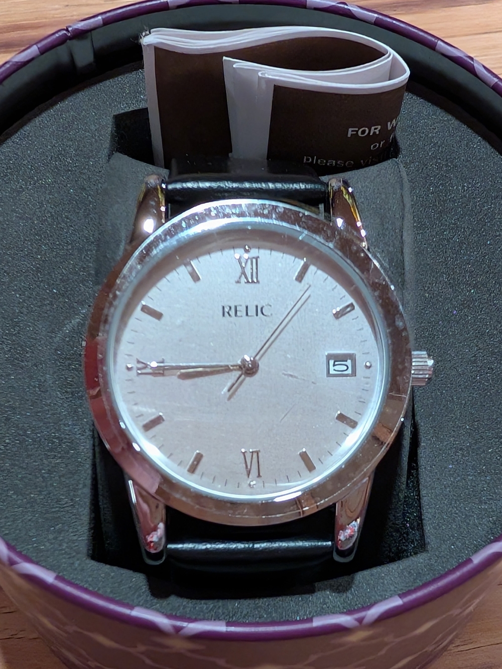 Relic Silver Dial Watch with Black Leather Strap